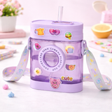 Cute Camera Shape Kids Water Bottle 450ml with Straw & Strap | Leakproof Sipper Bottle for School