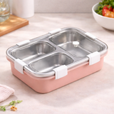 Skoolster Stainless Steel 3-Compartment Bento Lunch Box with Transparent Lid