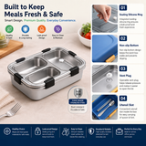 Skoolster Stainless Steel 3-Compartment Bento Lunch Box with Transparent Lid