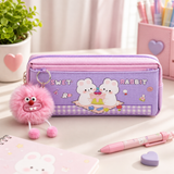 Cute Rabbit Pencil Pouch for Girls with Pom-Pom Keychain | Kawaii Zipper Pen Case | Stylish Stationery Organizer