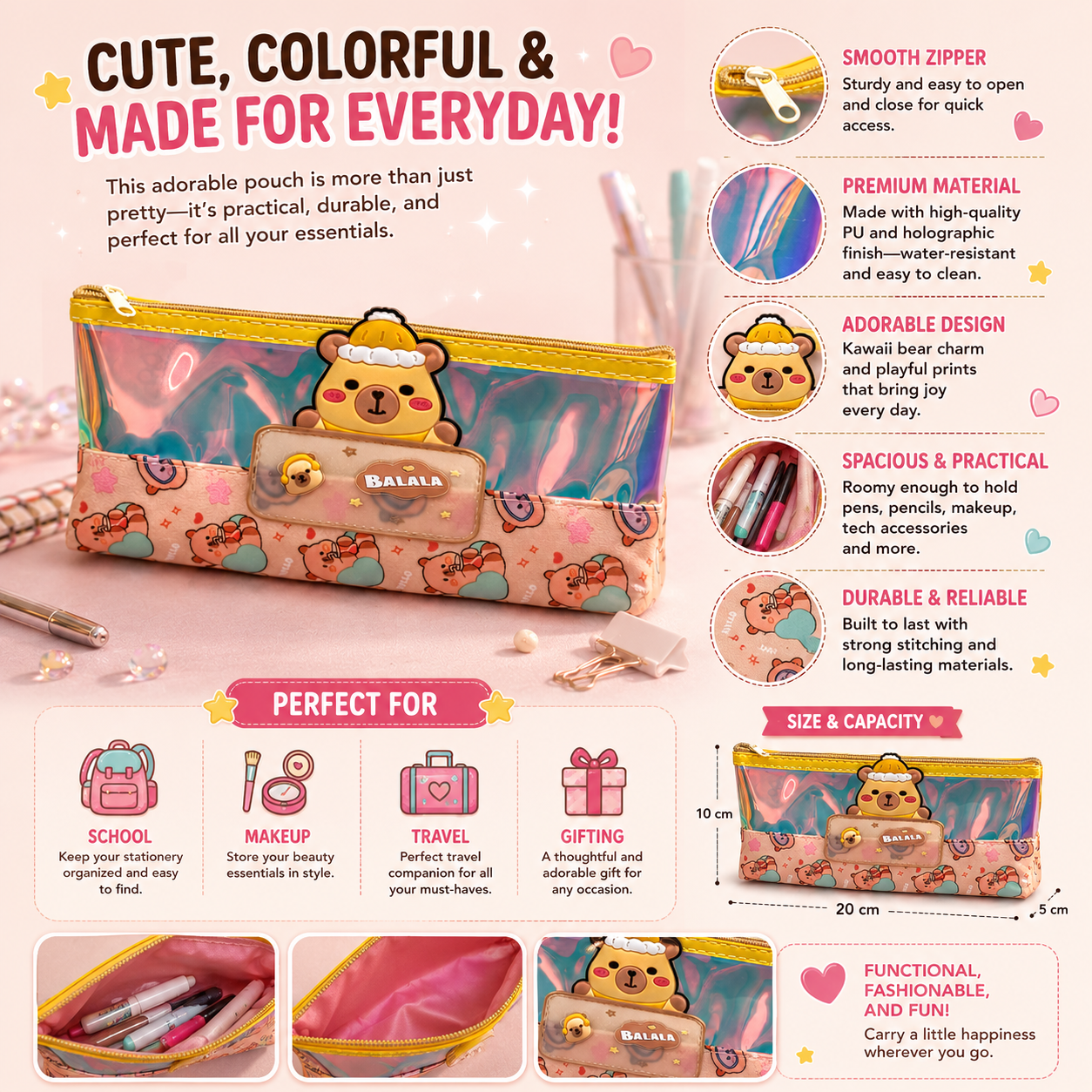Cute Bear Holographic Pencil Case for Kids – Large Capacity Transparent Stationery Pouch with Zipper, School Pen Organizer for Girls